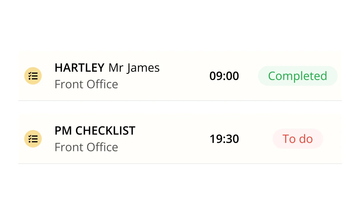 Two tasks: one linked to a guest, one standalone checklist.