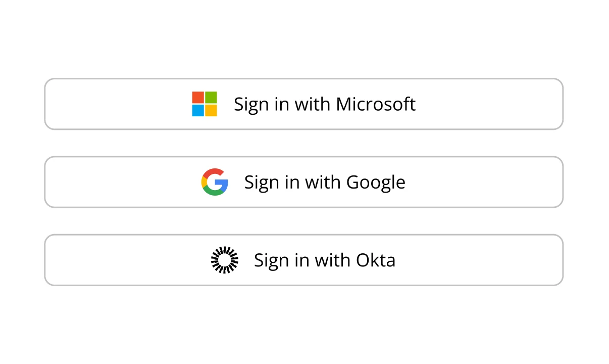 Sign in with Microsoft, Google and Okta buttons.