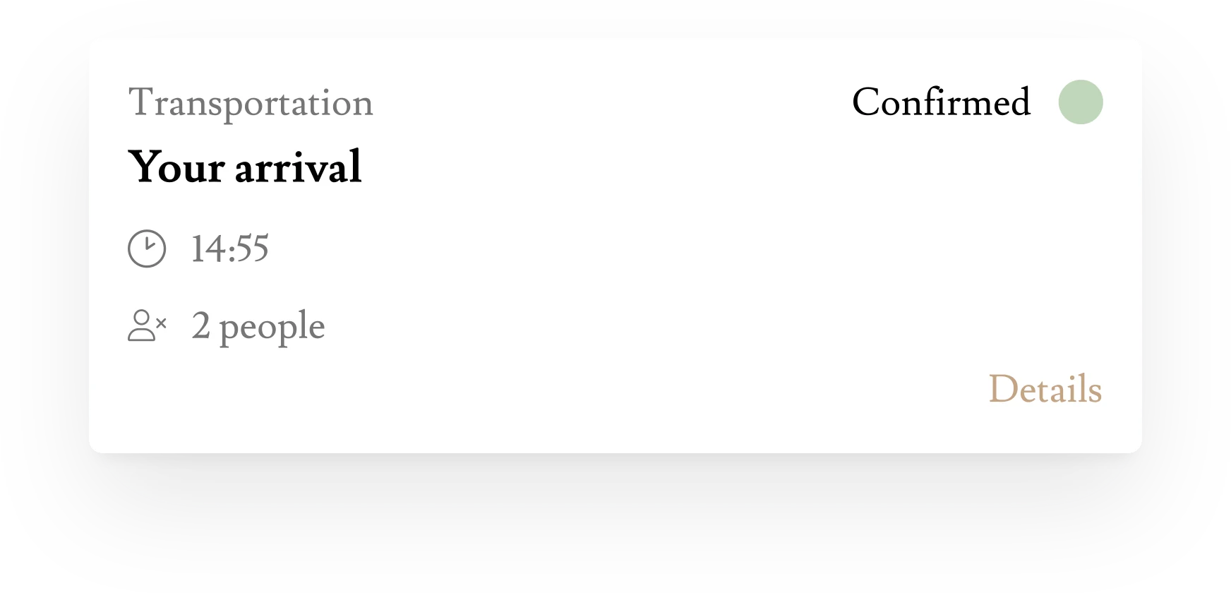 A Concierge Organizer request card: Transportation, Your arrival, 14:55, 2 people, Confirmed.